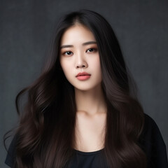 A young beautiful girl wearing a black dress with long hair, cute, innocent, and attractive looks, beautiful model girl, generative ai.
