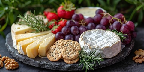 A tempting cheese board featuring brie, grapes, and an array of gourmet options.