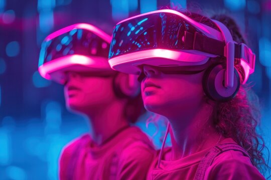 Siblings wear futuristic VR headsets in a dark space, immersed in a neon virtual reality. - Powered by Adobe