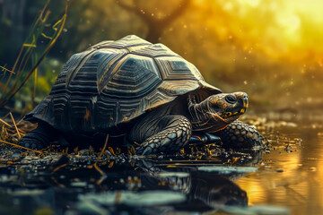 Tortoise in the Wild.  Generated Image.  A digital rendering of an old tortoise in the forest near a stream.