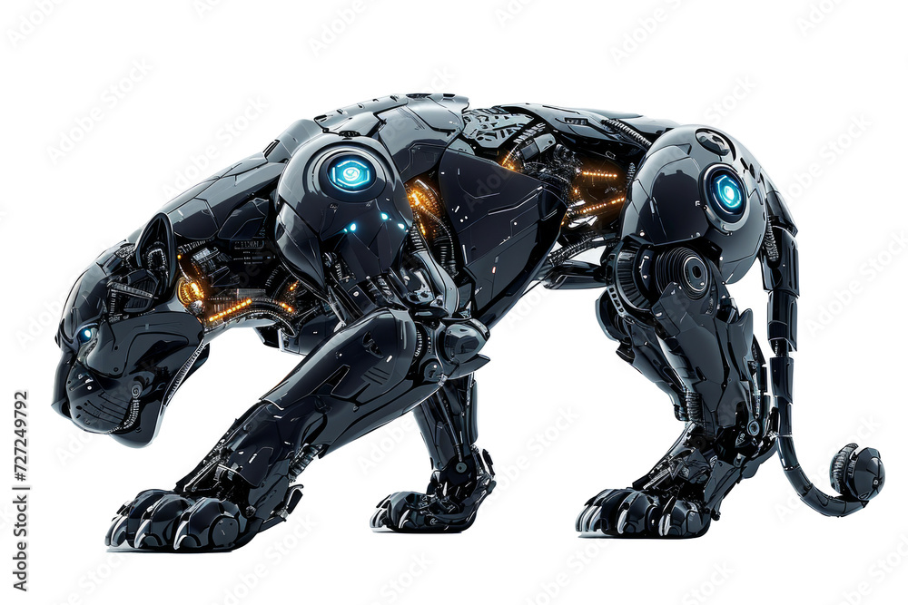 Aufkleber Conceptual image of a cybernetically enhanced panther with robotic limbs and technological upgrades, displayed against a clean white background Generative AI