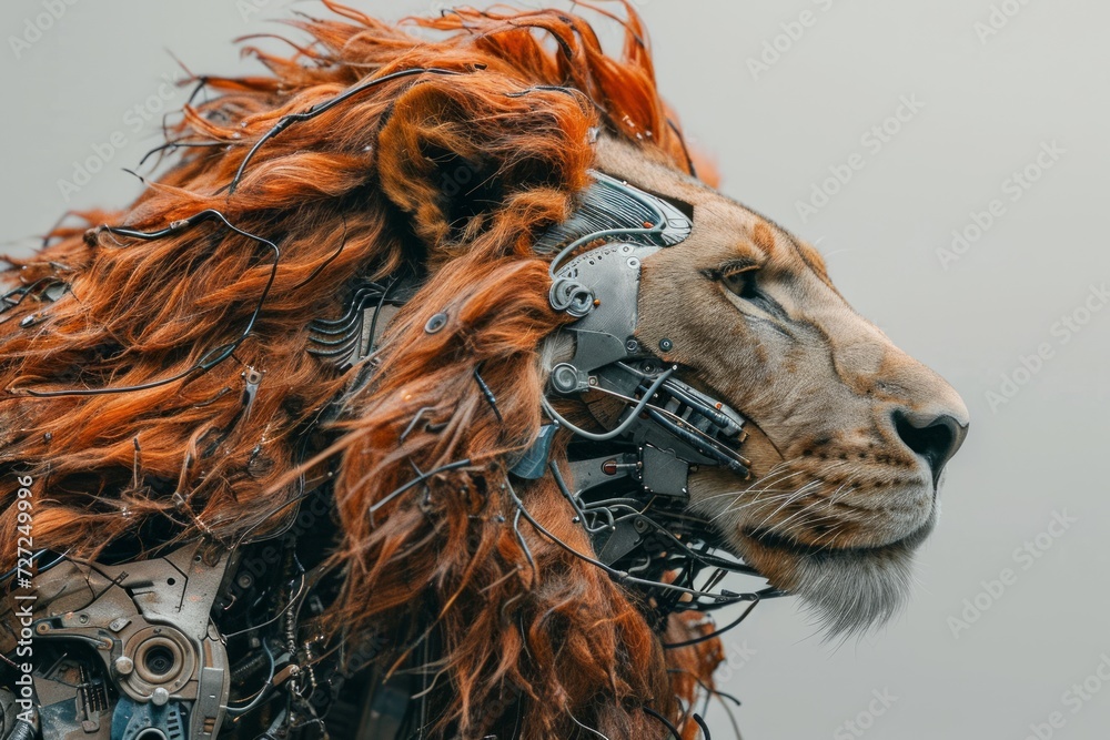 Poster Realistic photo of a lion with cybernetic enhancements, robotic mane, and metallic features against a white backdrop Generative AI