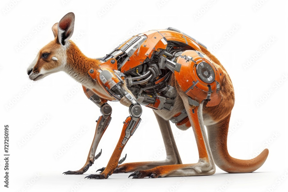 Aufkleber realistic portrayal of a kangaroo integrated with robotic limbs and cybernetic features, depicted ag