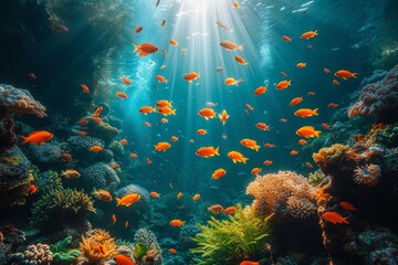 Fototapeta na wymiar A mesmerizing display of diverse marine life in their natural habitat, as a school of fish glides through the colorful underwater world of a vibrant coral reef