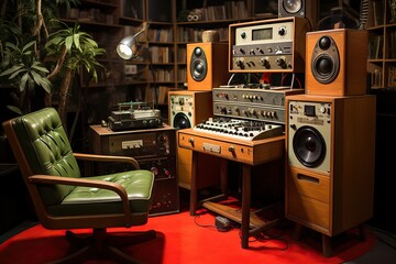 Retro music studio with analog gear and green armchair for a vintage vibe