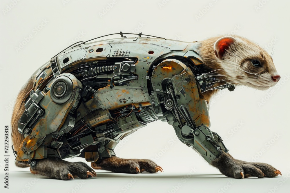 Aufkleber Realistic portrayal of a robotized ferret with robotic features and cybernetic modifications, depicted against a solid white backdrop Generative AI