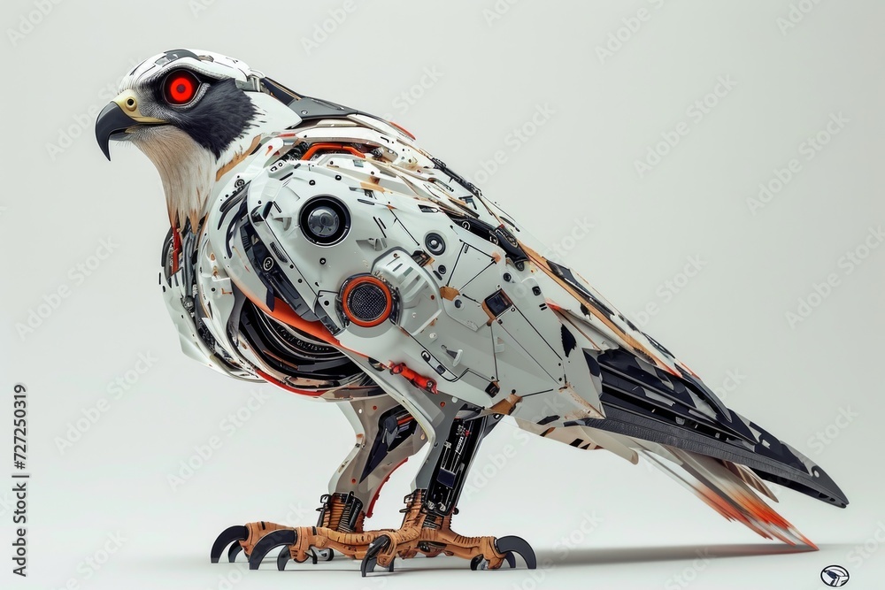 Poster Realistic portrayal of a robotized falcon with robotic features and cybernetic modifications, displayed against a plain white backdrop Generative AI