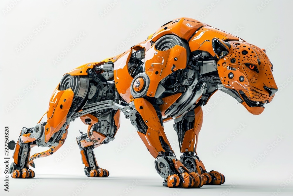 Poster Realistic portrayal of a robotized leopard with robotic features and cybernetic modifications, set against a plain white backdrop Generative AI