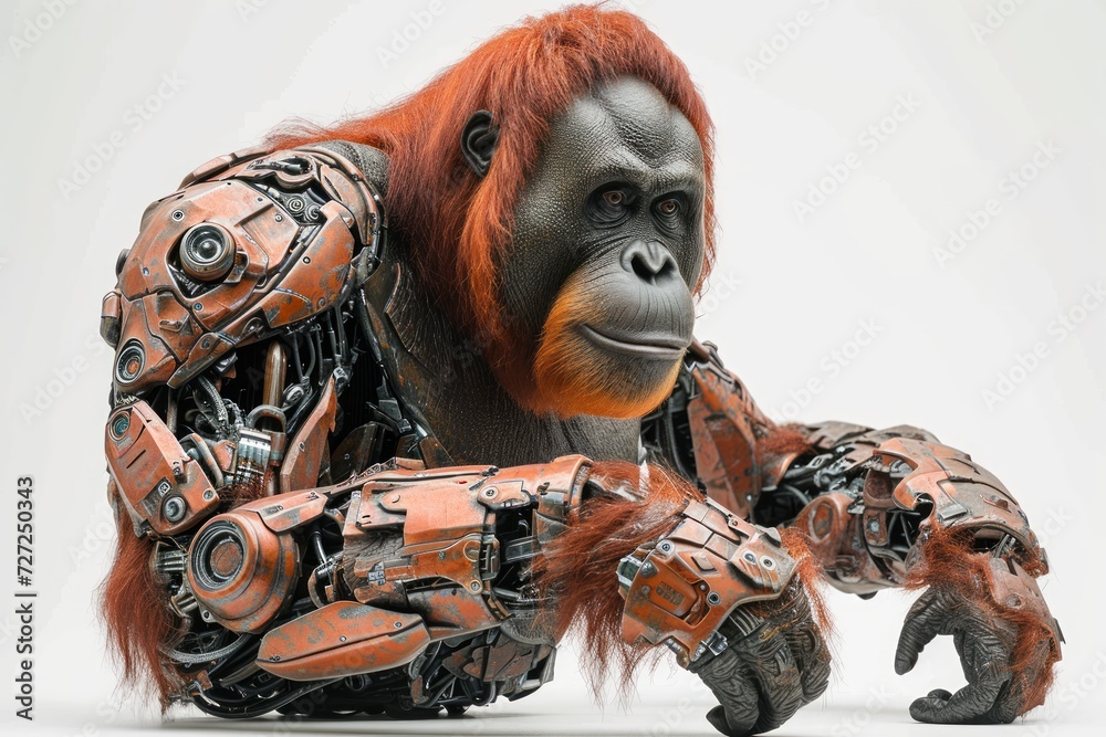 Poster Realistic portrayal of a robotized orangutan with robotic limbs and cybernetic features, set against a solid white backdrop Generative AI
