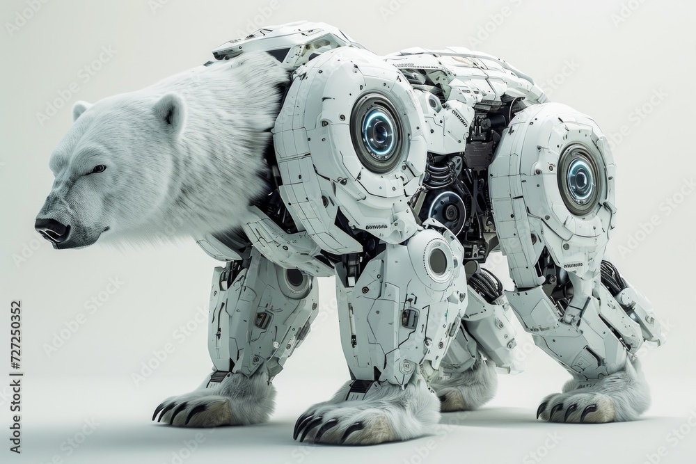 Fototapete Realistic portrayal of a robotized polar bear with robotic limbs and cybernetic features, set against a solid white backdrop Generative AI