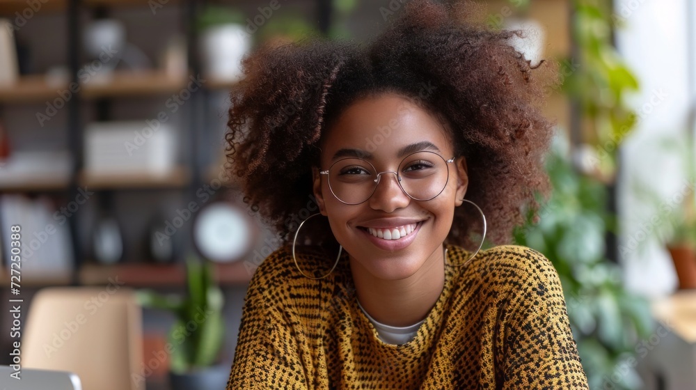 Poster realistic portrayal of a woman in a home office setup, sitting at a desk, smiling contently while en