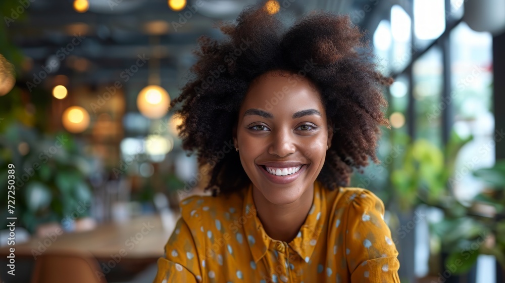 Poster realistic portrayal of a woman in an office setting, smiling cheerfully during a video call or virtu
