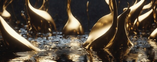 there are many golden sculptures in the water on the beach