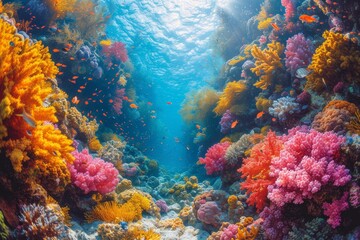 Fototapeta premium An underwater oasis teeming with vibrant marine life, where stony corals sway and invertebrates scurry amongst the seaweed while schools of colorful fish dance in the crystal clear water