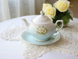 Fototapeta premium A beautifully delicate vintage teapot and teacup set displayed on a lace doily.