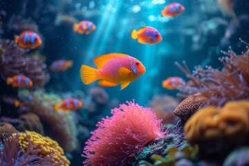Fototapeta na wymiar An intricate ecosystem of marine life thrives in the colorful coral reef, as a school of fish gracefully swim through the sparkling water in their home aquarium