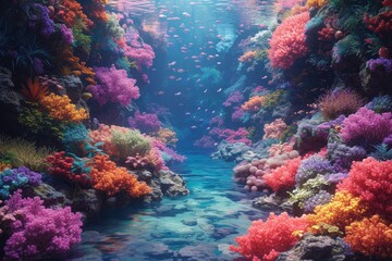 A mesmerizing underwater oasis, teeming with vibrant marine life and intricate coral formations, captured in a peaceful stream of crystal clear water