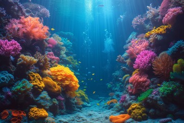 Fototapeta na wymiar A vibrant underwater world teeming with colorful fish and intricate coral formations awaits in this mesmerizing marine snapshot