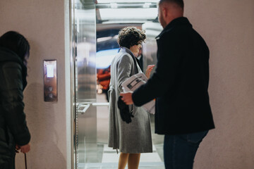 A stylish woman steps into a modern building, assisted by a man holding the door, offering a sense...