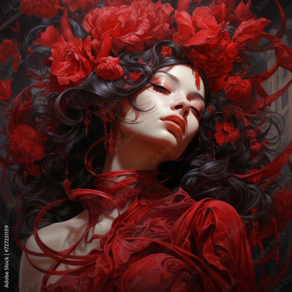 Poster futuristic woman's porter in ruby tones generative ai