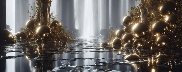 there are many gold balls in the water and trees