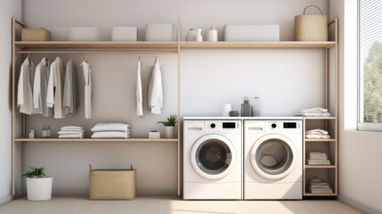 A minimalist laundry room design with a stackable washer and dryer, minimalist shelving, and neutral tones for a clean look Generative AI - obrazy, fototapety, plakaty