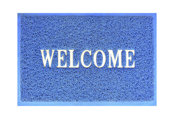 welcome message on blue curly rubber fiber door mat isolated on transparent