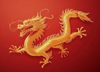 Chinese gold dragon in red on a red background for Chinese New Year, Chinese auspicious symbol