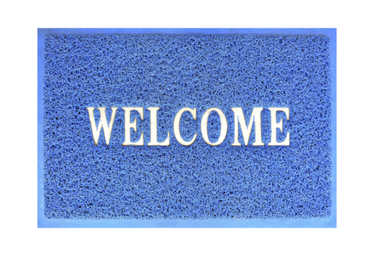 welcome message on blue curly rubber fiber door mat isolated on transparent