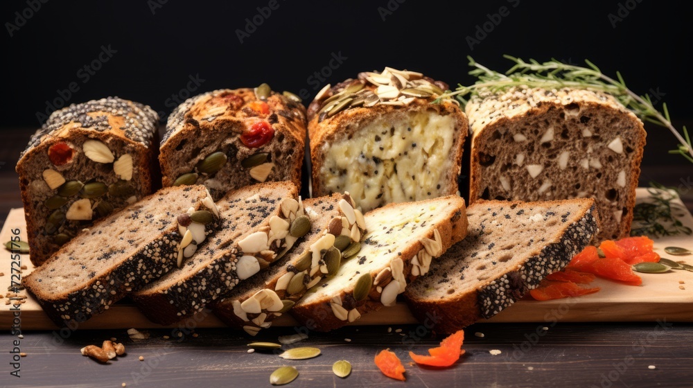 Poster Seeded multigrain bread slices, highlighting the variety of grains and seeds within each slice Generative AI