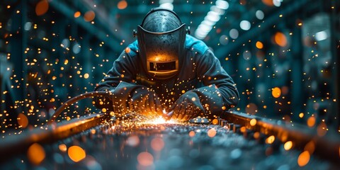 Precision welding and metalworking in an industrial environment, with sparks flying as a skilled worker operates a plasma cutter.
