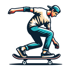 Obraz premium Man playing skateboard vector illustration, skateboarding sport game male player in action flat design style template isolated on white background