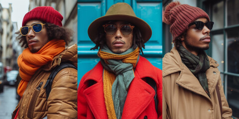 Obraz premium Stylish and attractive young guys who embody the different seasons, exuding beauty and fashion in an urban outdoor setting.