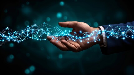 Business leader presenting with interactive holographic elements and blurred background