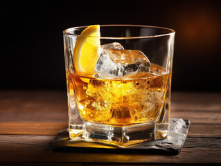 A glass of whiskey on ice with a lemon wedge garnish, sitting on a wooden surface.