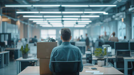 poor employee with box of personal belongings. got fired from job prepare to leave office
