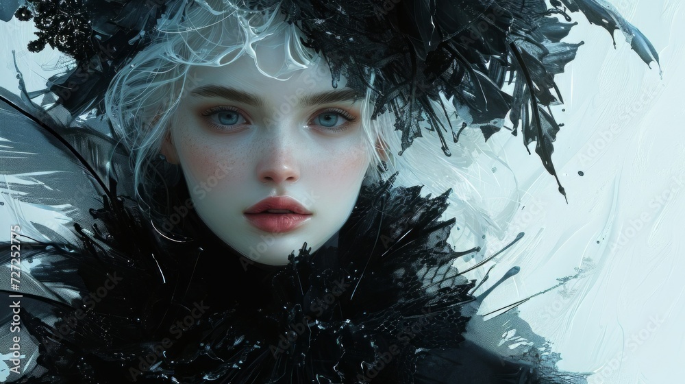 Poster snow queen visualization showcasing flawless white complexion juxtaposed with elements of midnight b