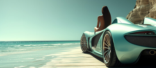 A beautiful naked woman on an expensive silver car on the beach. Summer concept