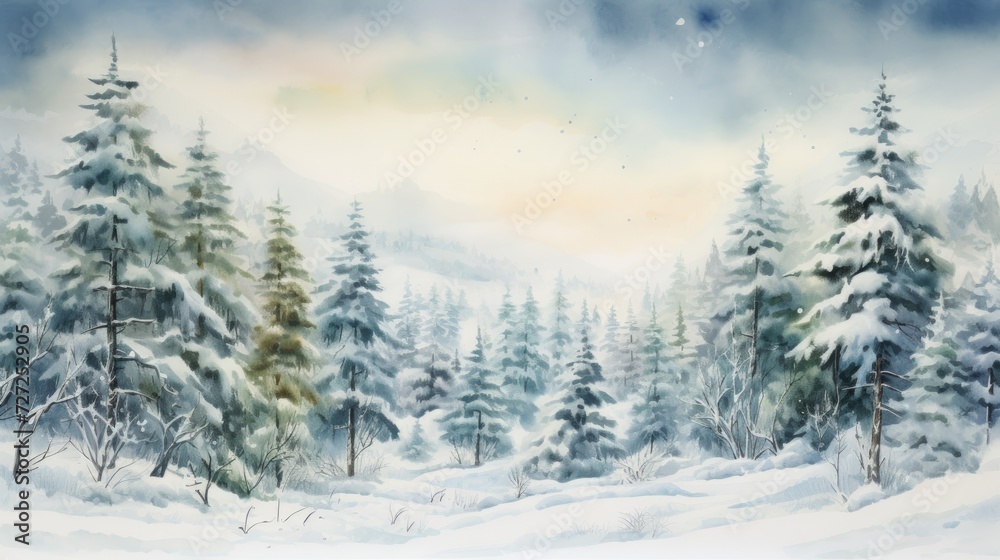 Poster snow-covered forests with pine trees. aquarelle generative ai