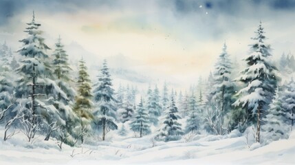 Fototapeta na wymiar Snow-covered forests with pine trees. aquarelle Generative AI