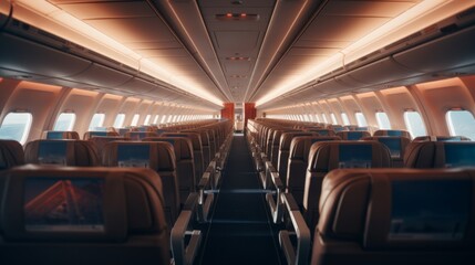 Naklejka premium Spacious and modern aircraft cabin interior with comfortable seats, ambient lighting, and passengers enjoying the flight Generative AI