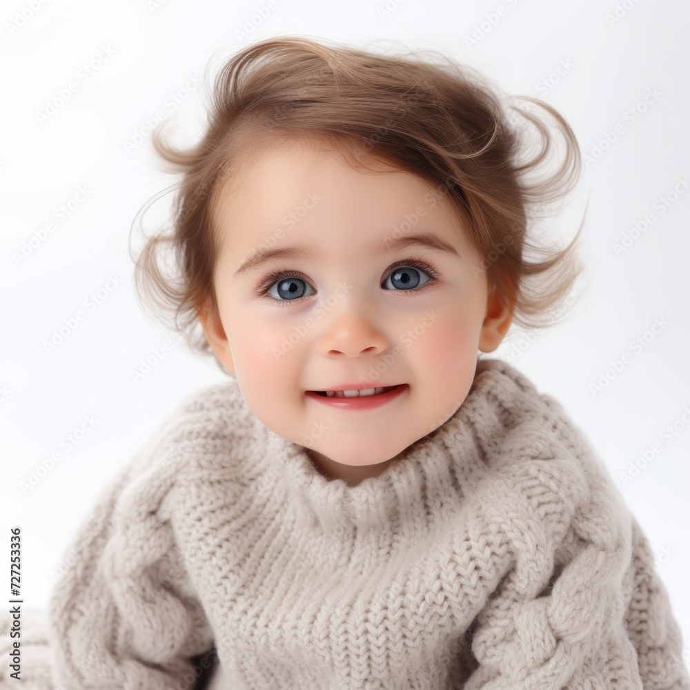 Poster stock image of a baby girl in a knitted sweater on a plain white background generative ai