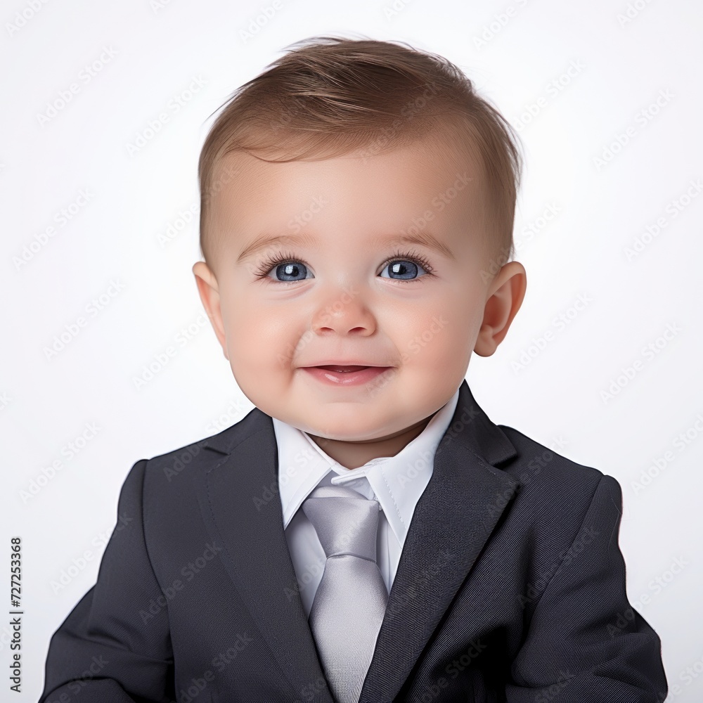 Poster stock image of a baby boy in a formal suit against a plain white background generative ai