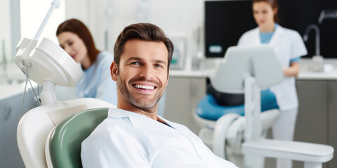 Dental Care: A Happy Caucasian Dental Team Working together in a Modern Clinic