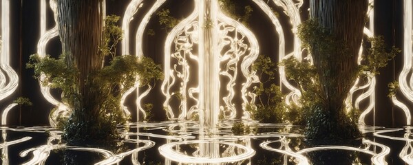 there is a fountain with lights in a dark room with trees