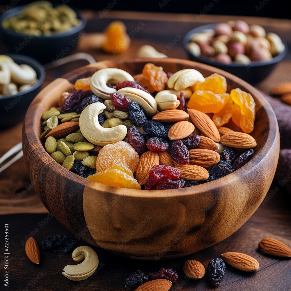 Poster stock image of a bowl of mixed nuts and dried fruits, healthy and energy-boosting snack generative a