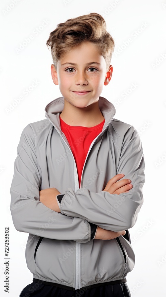 Poster stock image of a boy in sportswear against a plain white background generative ai