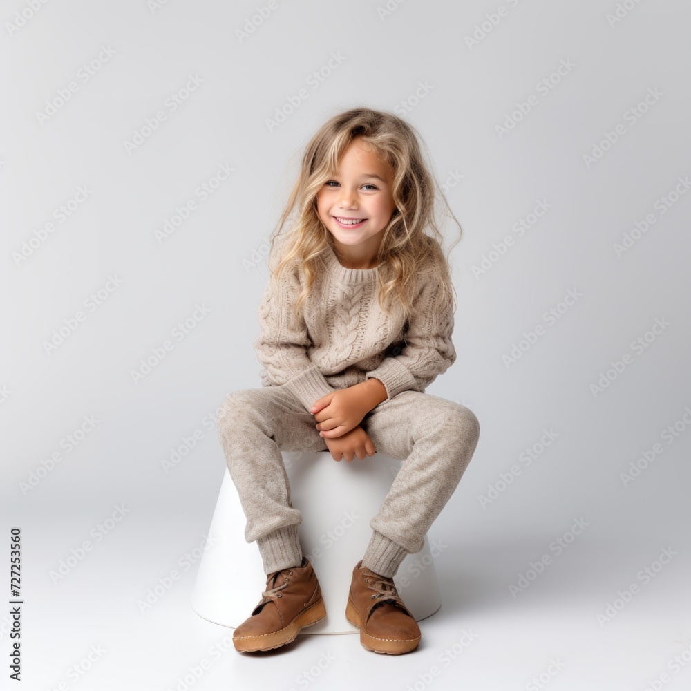 Poster stock image of a child in a cozy sweater and leggings on a plain white background generative ai