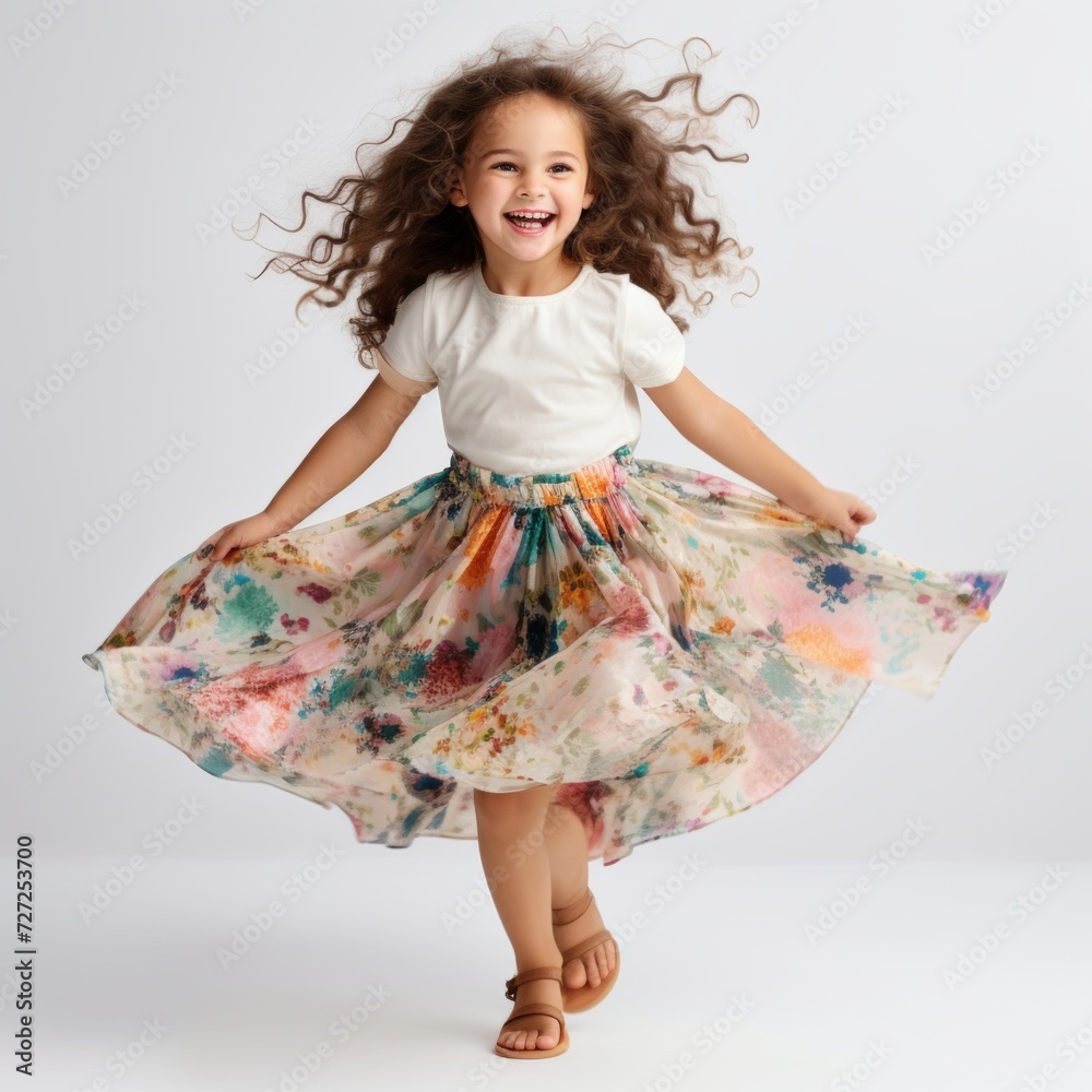 Poster stock image of a child wearing a floral skirt on a plain white background generative ai