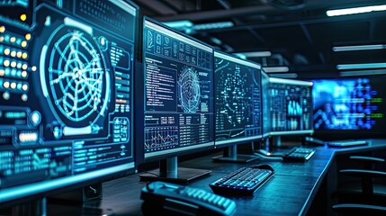 Obraz premium Robust Cybersecurity Infrastructure. A state-of-the-art cybersecurity setup, emphasizing the strength and reliability of digital defenses against cyber threats.